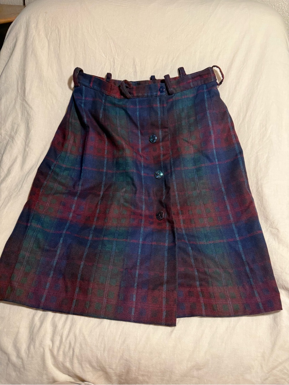 Vintage Plaid Button-Front Wool Blend Skirt